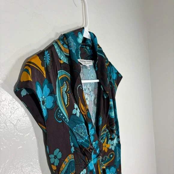 Trina Turk Brown & Blue Floral Dress Cap Sleeve Middle Ruching Viscose Size 2 - Picture 2 of 6
